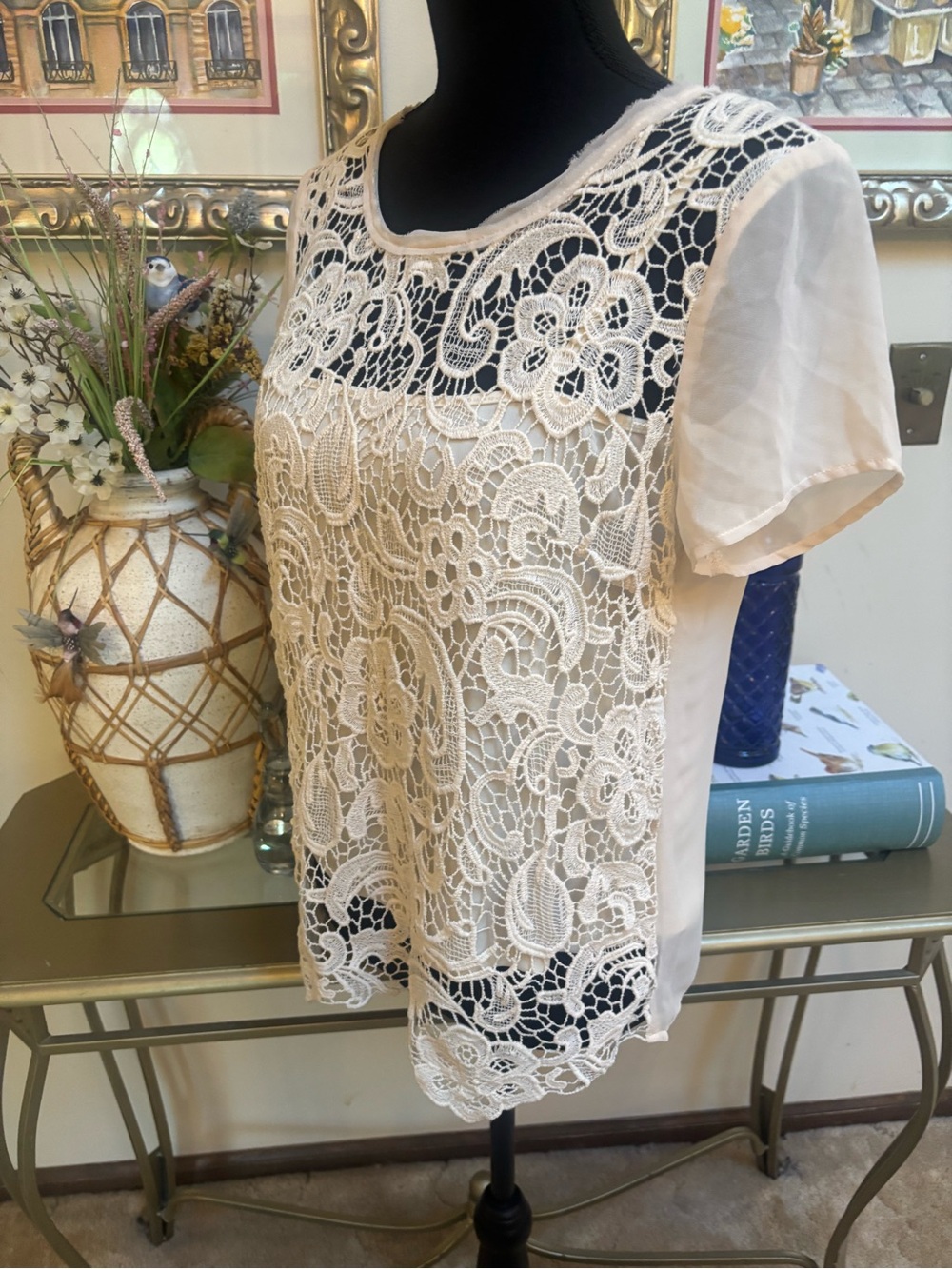 Adiva Cream Lace Crochet Overlay Sheer Short Sleeve Blouse With Cami Size Small - Picture 4 of 8